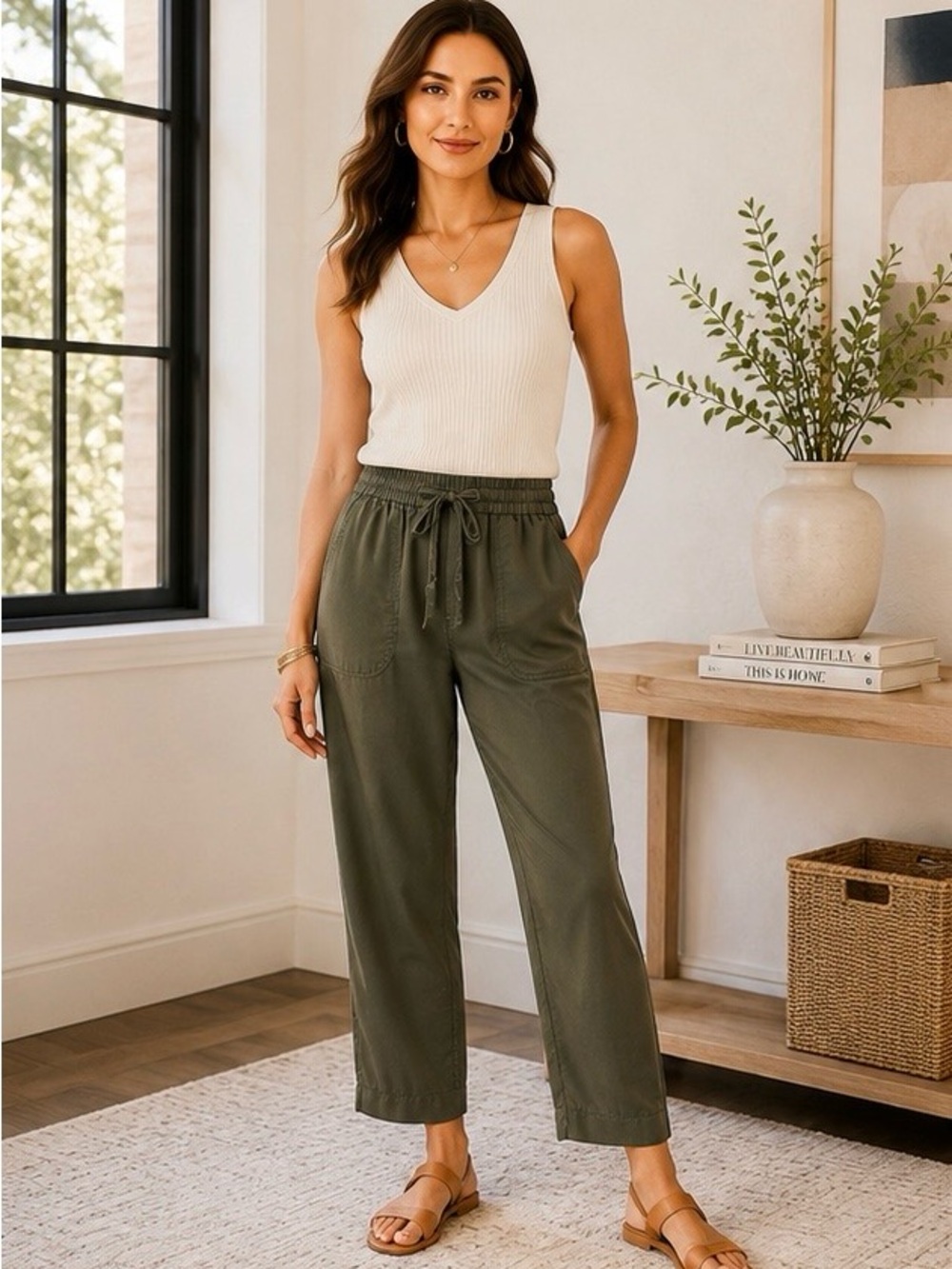 Banana Republic‎ Straight High-Rise TENCEL Lyocell Ankle Pants Olive Green M
